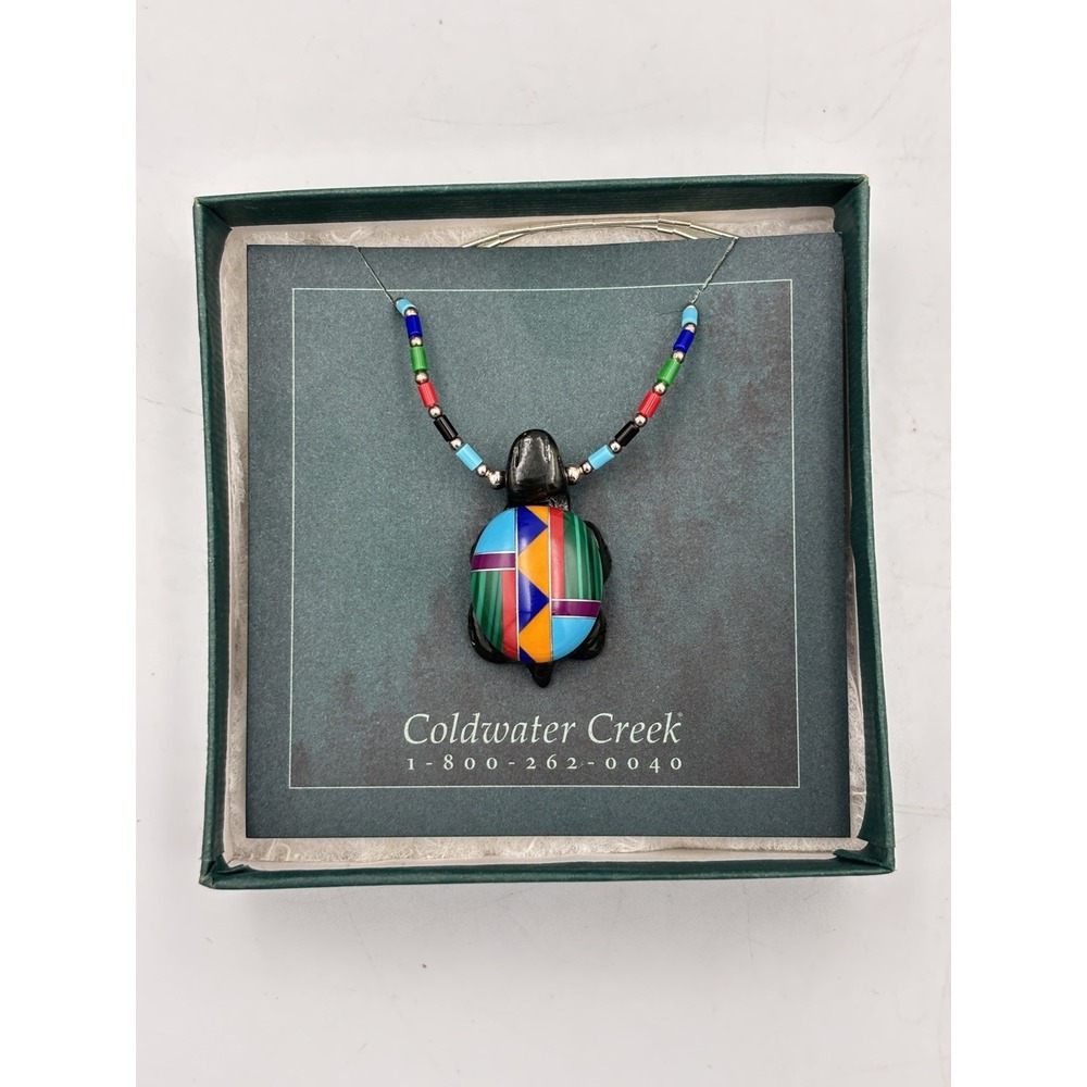 Coldwater Creek Necklace Inlay Multicolor Stone Pendant Turtle ZUNI FETISH 22"